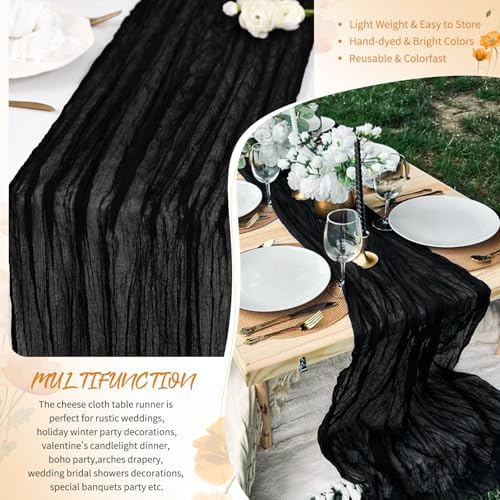 4 Pack Black Cheesecloth Table Runner 17x108 Inches Boho Home Decor - Image 5