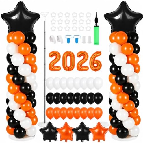 2026 Prom Balloon Arch Kit, Orange Black and White Graduation Party Decorations with Balloon Columns, Star Foil Balloons, Number & PROM Letter Balloons, Stands and Pump by Unknown