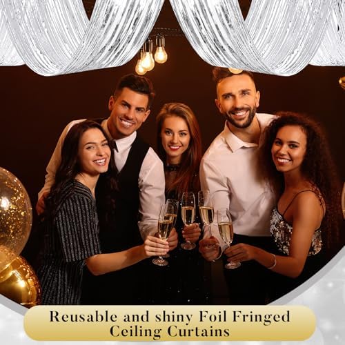 Breling 4 Pcs Silver Ceiling Fringe Curtains, Metallic Foil Drapes, 15 ft - Image 6