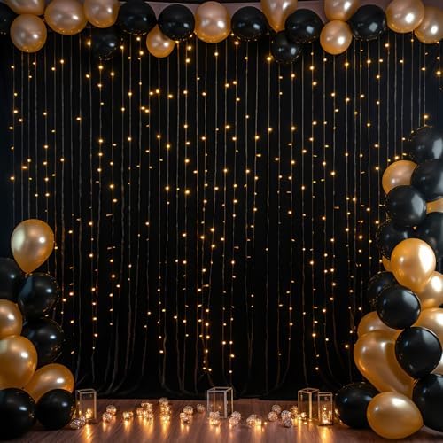 Black Backdrop Curtain with Lights String for Parties,10x10FT Wrinkle Free Black Drapes Wedding Photo Backdrop Curtains for Baby Shower Birthday Ceremony Reception Home Party Decorations by Partisky