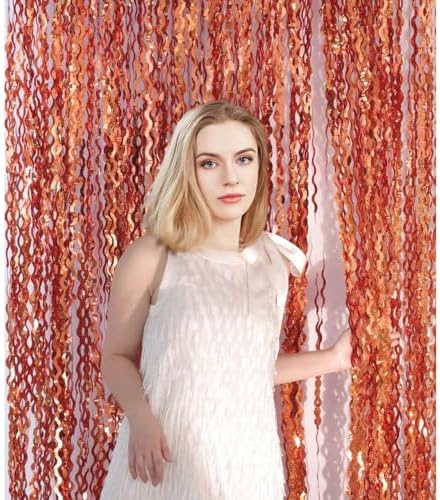 4 Pack 3.3x6.6ft Wavy Orange Foil Fringe Backdrop Curtains -Tinsel Streamers Metallic Foil Fringe Backdrop Door for Halloween, Graduation,Baby Shower,Gender Reveal - Image 3