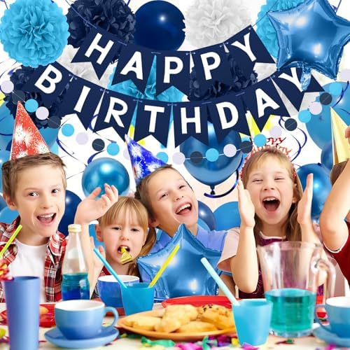 Navy Blue Birthday Decorations, Happy Birthday Banner with Paper Pompoms, Hanging Swirls, Garland, Party Balloons Happy Birthday Party Decorations for Women Men Boys Girls - Image 7