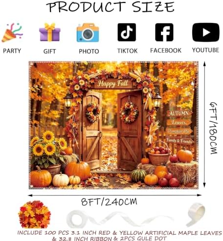 Fall Backdrop 8×6ft, with 100 Pcs Red & Yellow Artificial Maple Leaves - Image 2