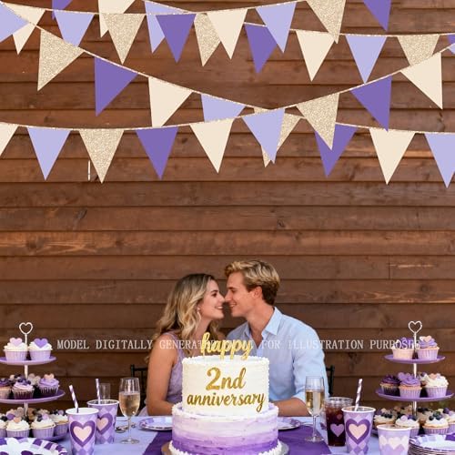 30 Ft Purple Lavender Beige Champagne Gold Party Decorations Pennant Banner Flag Hanging Paper Triangle Bunting for Birthday Bridal Shower Wedding Shower Engagement Lilac Violet Party Supplies - Image 7
