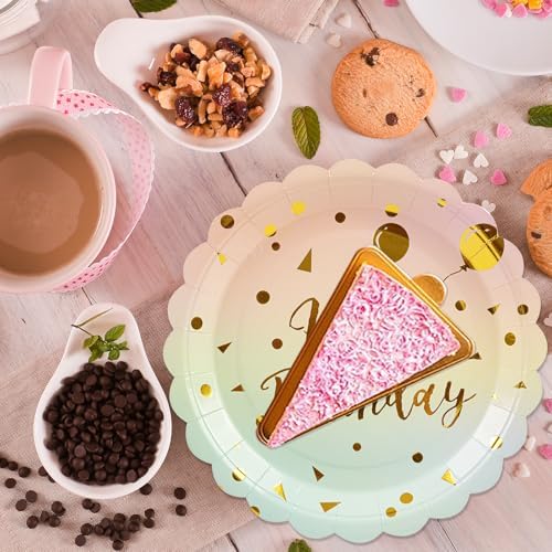 50PCS Happy Birthday Paper Plates and Napkins Set - 7 Inch Colorful and Gold Birthday Cake Plates Scalloped Dessert Plate Disposable Tableware for Birthday's Party Supplies Decorations - Image 2