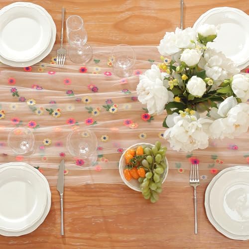3pcs Champagne Embroidery Daisy Fall Table Runner 10ft Florals Seasonal Tulle Table Runner Holiday Kitchen Dining Table Decoration for Home Party Indoor - Image 4