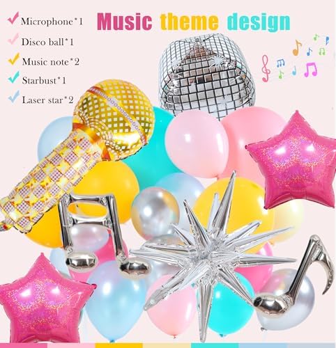 Music Fans Birthday Decoration,148 Pcs Balloon Arch Garland Kit with Microphone, Laser Star, Disco Mylar Balloon for music fans theme teenage girl Birthday Party Prom Decorations - Image 6