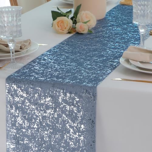 2 Pcs Navy Blue Silver Table Runner, Glitter Metallic Foil Mesh Roll 108" by Snowkingdom