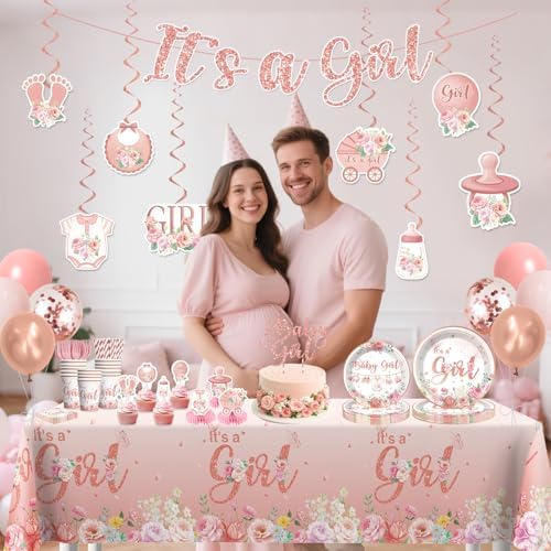 351Pcs Its a girl Baby Shower Decorations Tableware Set Severs 50, Girl Baby Shower Decorations Include Banner, Balloons, Tablecloth, Plates, Cups, Table Decorations - Image 7