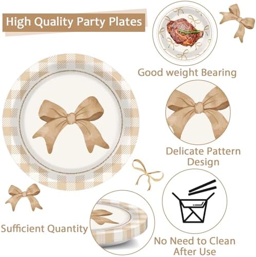 CHUNNIN 96Pcs Beige Plaid Bow Plates and Napkins Party Decorations Bow Theme Dessert Paper Plates Napkins Forks Birthday Tableware Set for 24 Guests Girls Boys Baby Shower Picnic BBQ Party Supplies - Image 3