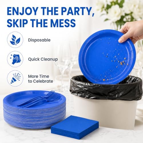 100PCS Blue Paper Plates Disposable Party Tableware Set - Image 4