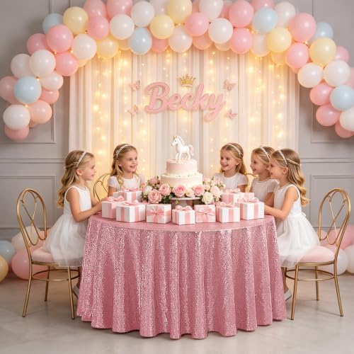 Pufogu 120" Round Light Pink Sequin Tablecloth Glitter White Table Cloths for Birthday Wedding Bridal Baby Shower Party Decorations - Image 7