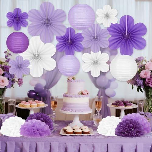 19 Pcs Purple Lilac-Lavender White Party Decorations, Hanging Paper Lanterns, Paper Flowers Fans, Tissue Pom Poms, Floral Backdrop Wall Decor for Birthday Graduation Bridal Shower Wedding Retirement - Image 6