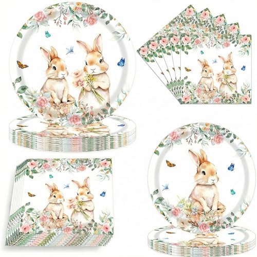 75 Pcs Easter Bunny Party Supplies，Disposable Easter Paper Plates & Napkins for 25 Guests, Thickened Material, Clear Print with Cute Bunny Flowers Spring Easter Tableware for Easter Party Decorations by Nittlefes