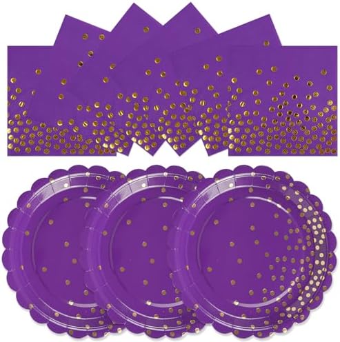 50PCS Purple Paper Plates and Napkins Set - Purple and Gold Dot Party Plates Disposable Party Tableware Dinnerware Set Party's Supplies Decorations for Birthdays, Baby Shower, Weddings and Holidays by Unknown