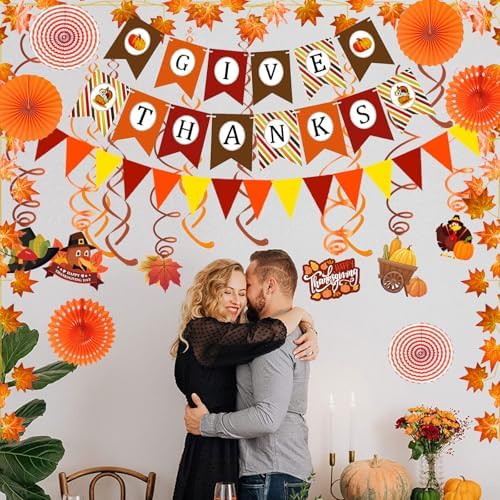 Fecedy Give Thanks Pumpkin Maple leaf Paper Banner Triangle Flag Bunting Maple Leaf Hanging Garland Paper Fan Flower Swirl Streamers for Thanksgiving Day Party Decoration - Image 6