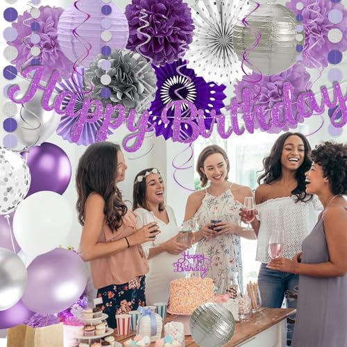 Purple Silver Birthday Party Decorations Kit with Happy Birthday Banner, Paper Lanterns, Streamers, Tissue Pom Poms, Honeycomb Flower Fans, Silver and Purple Balloons, & More for Women Girls' Party - Image 4