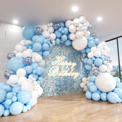 Blue and White Balloon Arch Kit, ADOINBY 140Pcs Pastel Light Blue and White Balloon Garland kit, 18 12 10 5 Inch Different Size Balloons for Baby Shower Birthday Gender Reveal Anniversary Decorations by ADOINBY