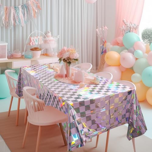 6Pack Iridescent Checkered and Purple Plastic Tablecloths Shiny Disposable Laser Rectangle Table Covers Holographic Foil Tablecloth Iridescent Party Decorations Birthday Bridal Baby Shower, 54x108Inch - Image 6