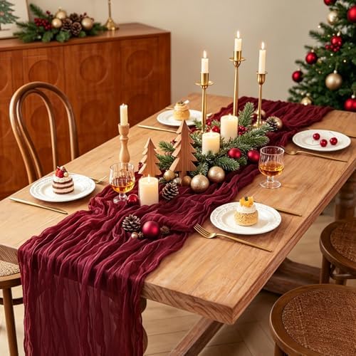 3Pcs Burgundy Table Runner, 10FT Boho Rustic Burgundy Maroon Table Runner 120inch Cheese Cloth Red Runner for Wedding Christmas Birthday Holiday Party Decorations - Image 3