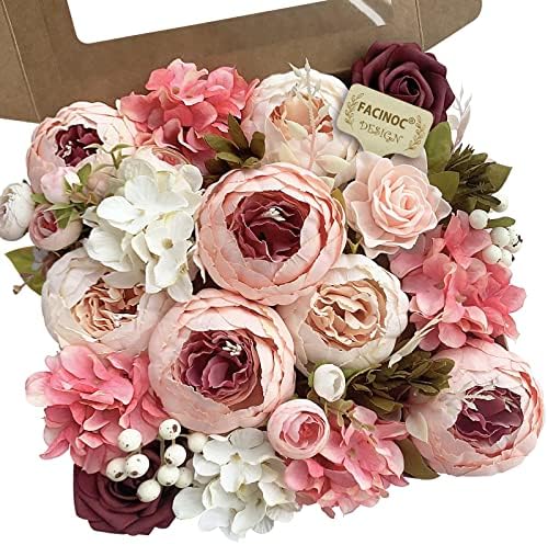 FACINOC Peonies Artificial Flowers Pink Bouquet Box Set Fake Peony Bulk by FACINOC