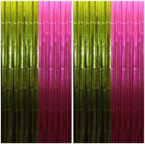 Hot Pink Lime Green Foil Fringe Curtains 4 Pack, Party Backdrop by Unknown