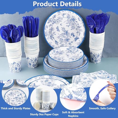Kochorie 350 PCS Blue Floral Party Supplies Set for 50 Guests Includes White & Blue Floral Plates Cups Napkins Utensils for Spring Dinner, Garden Party, Birthday, Disposable Tableware - Image 3