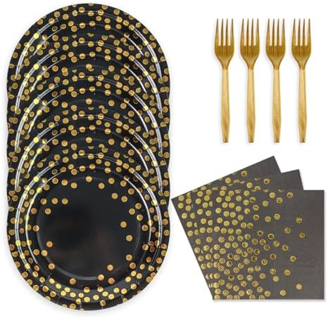 48PCS Black and Gold Plates and Napkins Party Supplies, Gold Dot Disposable Paper Plates and Napkins with Forks Tableware Set for Birthday Wedding Retirement Graduation Party Decorations 16 Guests by KFJBPB