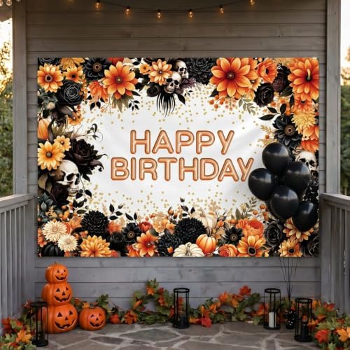 INRUI Halloween Gothic Skull Happy Birthday Backdrop 7x5FT - Image 2