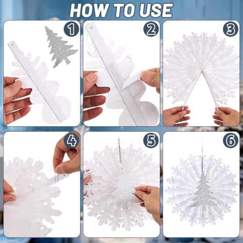 Christmas Snowflake Decorations, White Paper Snowflakes Hanging Decor, Winter Wonderland Snowflake Paper Fans, Silver Paper Stars, Tinsel Garland for Xmas Wall Backdrop Frozen Birthday Party Supplies - Image 3