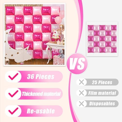 36 Pcs Hot Pink Double Sided Square Foil Balloon Wall Backdrop Metallic Pink Balloons Backdrop Tunnel Arch Kit Mylar Square Balloons for Bachelorette Engagement Wedding Birthday Party Decorations - Image 5