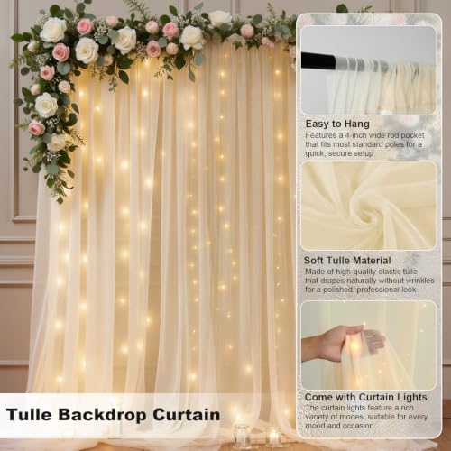 20 FT x 8 FT Champagne Backdrop Curtain - Tulle Backdrop Curtain with 9.8FT Lights String - Sheer Backdrop Curtains with 4 Inch Rod Pockets for Birthday Weddings Baby Shower Party Decorations - Image 2