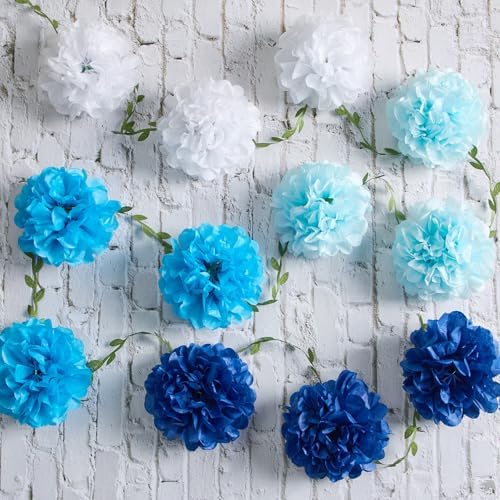 Gradient Blue Tissue Paper Pom Pom Garlands, Paper Flowers for Birthday Decorations, Baby Shower, Wedding Engagement, Bridal Shower, Spring Summer Party Decorations - Image 6