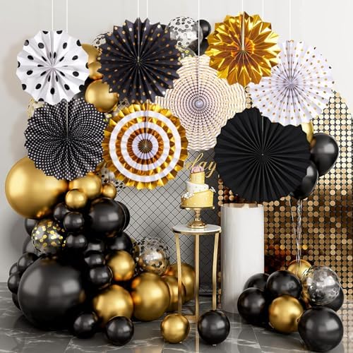 Black and Gold Decorations, Hanging Honeycomb Paper Pompoms Fan for Graduation Birthday Wedding Photo Backdrop Prom Night New Years Black and Gold Party Decorations, Set of 8 - Image 5