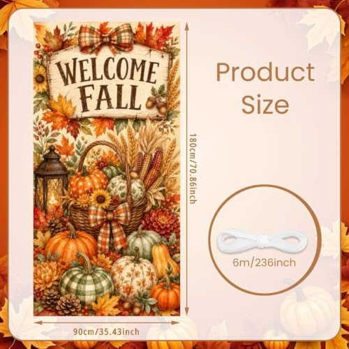 Welcome Fall Door Banner 35×71 Inch Autumn Harvest Porch Hanging Flag Vintage Pumpkin Maple Leaf Harvest Door Cover Decor for Rustic Farmhouse Yard Wall Thanksgiving Outdoor Indoor Decoration - Image 2