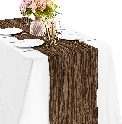 Brown 10FT Cheesecloth Table Runner Boho Gauze Fabric Table Runner Rustic Sheer Runner for Wedding Bridal Baby Shower Birthday Party Boho Table Decor（1 Pack Brown） by JALANCY