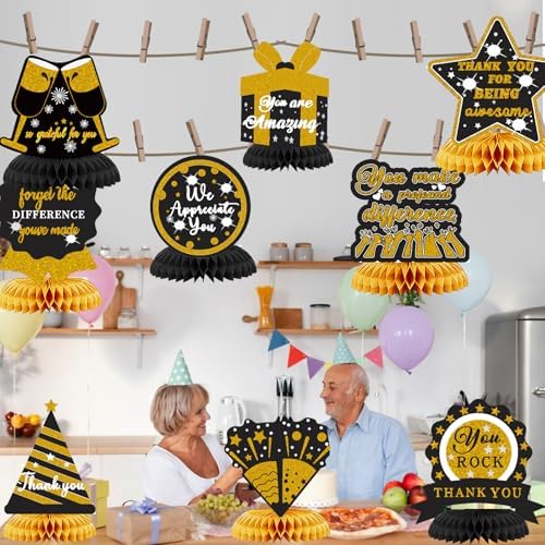 9PCS We Appreciate You Honeycomb Centerpieces Black Gold Glitter Thank You Table Topper Decor Teacher Doctor Nurse Employee Staff Graduation Appreciation Party Decorations for Men Women - Image 4