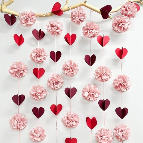 Dusty Rose Pink Party Decoration Tissue Flowers Pom Pom with Burgundy Red 3D Heart Hanging Paper Garland Banner Streamer for Valentines Day Birthday Wedding Shower Bridal Shower Party Supplies - Image 4
