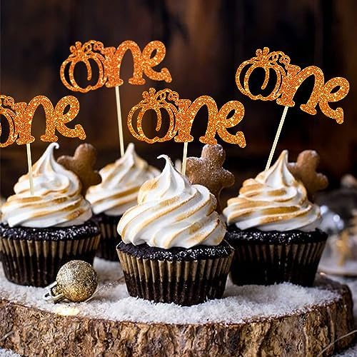 24Pcs Pumpkin One Cupcake Toppers Glitter First Birthday Pumpkin Cupcake Picks for Fall Theme Baby Shower Kids 1st Birthday Party Cake Decorations Supplies Orange - Image 6