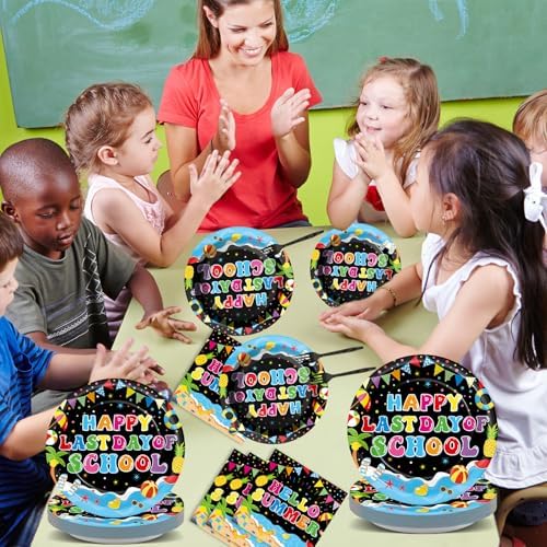 96 Pcs Happy Last Day of School Paper Party Plates and Napkins for Summer Vacation Supplies Summer End of School Year Theme Dessert Tableware Set for 24 Guests Birthday Party Decorations - Image 5