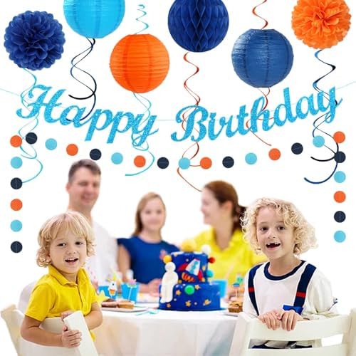 Orange Blue Men Birthday Decorations - 21pcs Happy Banner Garland,Bluey Paper Streamers Lanterns,Flower Tissue Pom Poms Fan Supplies,Hanging Wall Backdrop Party Decor Huglony - Image 5