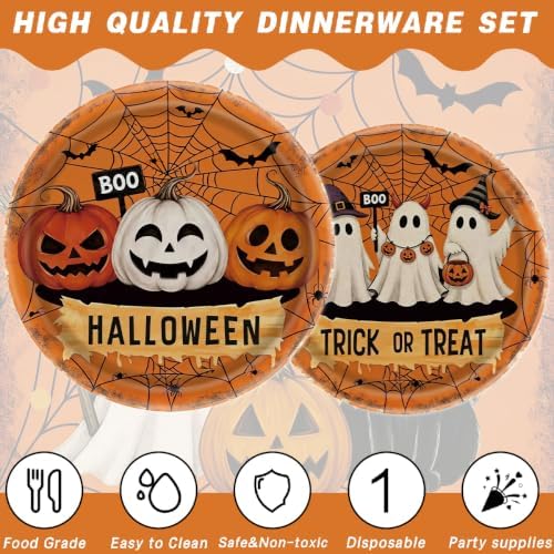 139Pcs Halloween Party Supplies Dinnerware Decorations -Tablecloth, Paper Plates, Cups, Straw, Napkins, Cutlery - Horror Halloween Birthday Party Decorations Tableware Serves 20 Guests - Image 3