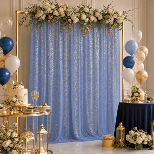 Bupelo Blue Tulle Backdrop Curtains with Gold Foil 15x8ft Sheer Curtain by Bupelo
