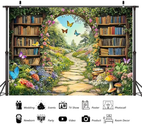 Enchanted Forest Fairy Library Backdrop, Spring Woodland Bookshelf Tea Party Photography Background, Green Floral Plant Birthday Party Decorations Baby Shower Banner Photo Booth Props 12X10FT - Image 6