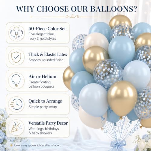 Dusty Blue and Gold Balloons, 12 Inch Blue Gold Balloons, Retro Fog Blue Metallic Golden White Confetti Balloons Latex Balloon for Wedding Baby Shower Gender Reveal Birthday Party Decoration - Image 3