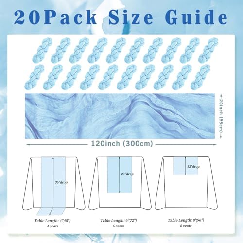 20 Pack Baby Blue Cheesecloth Table Runner 20 x 120 Inch Long Rustic Gauze Cheese Cloth Table Runner for Wedding 10FT Bridal Baby Shower Table Decorations Boho Fabric Sheer Birthday Party Table Decor - Image 2