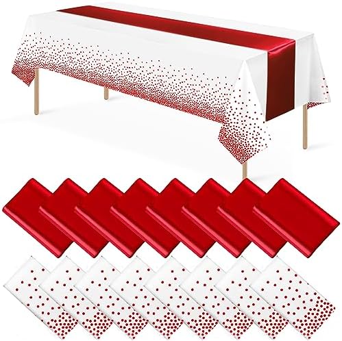 16Pack Disposable Plastic Tablecloths and Satin Table Runner Set White and Red Dot Tablecloth Red Satin Table Runner for Wedding Birthday Baby Shower Anniversary Christmas New Year Party Supplies by MASHAN