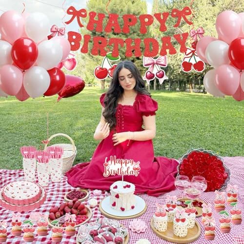 Cherry Birthday Decorations, 182Pcs Cherry Plates Napkins Cups Forks Tablecloth Banner Hanging Swirls Cupcake Toppers and Ballons for Cherries Themed Party Decorations - Image 4