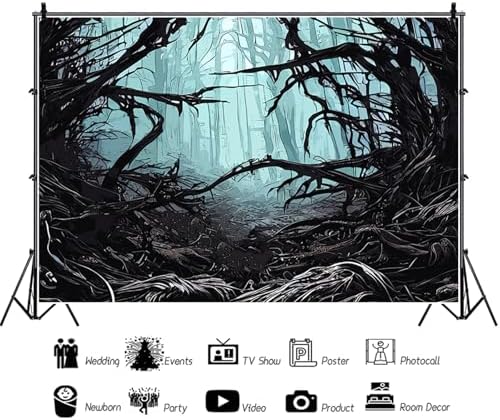 Misty Forest Backdrop for Halloween Party Dark Blue Gothic Movies Theme Spooky Foggy Woods Trees Silhouette Background Photography Studio Photo Booth Props 9x6ft - Image 6