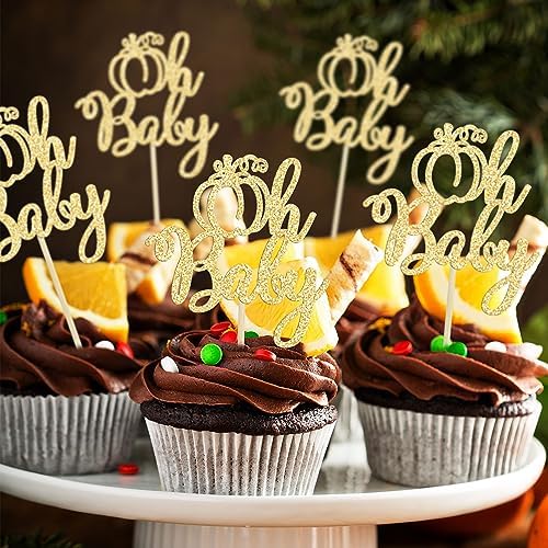 24Pcs Pumpkin Oh Baby Cupcake Toppers Glitter Fall Theme Pumpkin Cupcake Picks Baby Shower Cake Decorations for Pumpkin Theme Gender Reveal Kids Birthday Party Supplies Gold - Image 4
